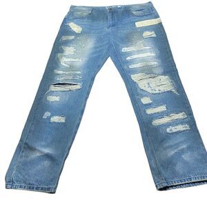 Born Fly Men’s Sz 42 x 34 Med Blue Distressed Splatter Eagle Patch Denim Jeans